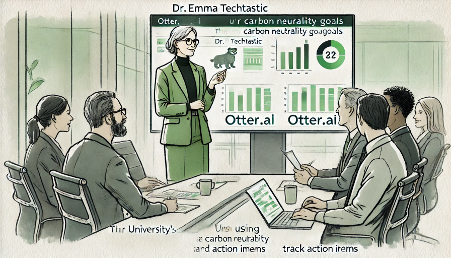 AI generated image of Dr Emma Techtastic - using AI tools to create reports to display during a board meeting.
